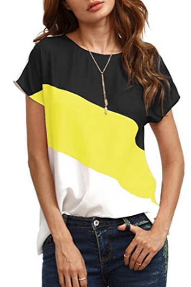 Leisure Color Block Round Neck Short Sleeves Summer T-shirt