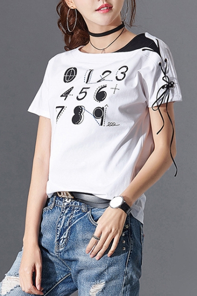 Letter Printed Round Neck Color Block Lace Up Embellished Short Sleeve Tee