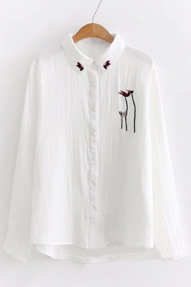 Natural Abstract Embroidered Lapel Button Front Long Sleeve Dipped Hem Shirt