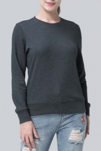 Natural Simple Basic Plain Round Neck Long Sleeves Slim Fit Pullover Sweatshirt