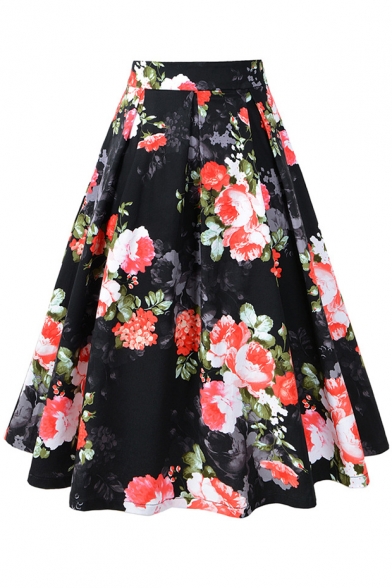 New Trendy Floral Printed Flare Zipper Fly Midi A-Line Skirt