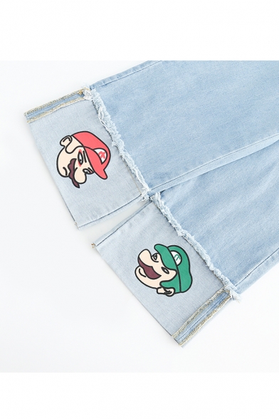 Pop Fashion Cartoon Game Print Zipper Fly Wide Leg Loose Cropped Jeans