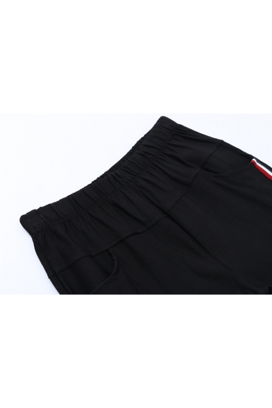 Sportive Elastic Waist Pocket Detail Strap Embellished Embroidered Pants