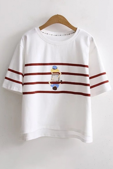 Striped Cartoon Character Printed Round Neck Short Sleeve Tee