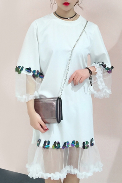 Stylish Sequined Detail Lace Panel Round Neck Midi Summer T-shirt Dress