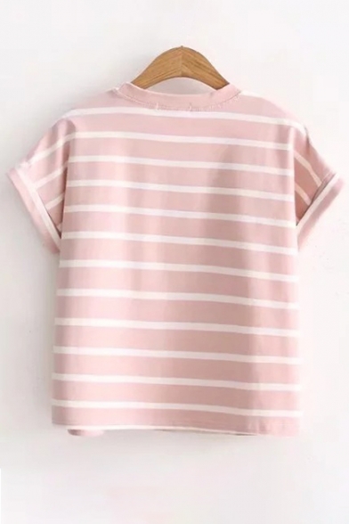 Stylish Striped Print Round Neck Short Sleeves Casual Cropped Tee