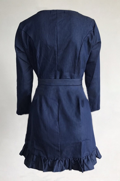 V Neck Long Sleeve Tied Waist Plain Ruffle Detail Mini A-Line Dress