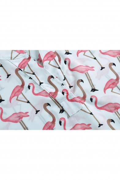 Women's Fashion Flamingo Print V-Neck Half Sleeve Bow Tie Detail Dipped Hem Blouse