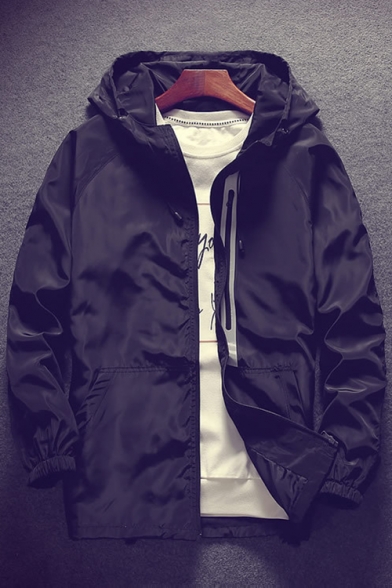 Zipper Embellished Long Sleeve Plain Zip Up Hooded Coat with Pockets
