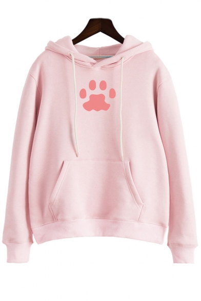 Casual Paw Pattern Long Sleeves Pullover Hoodie with Pocket