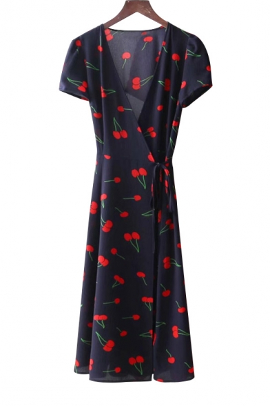 Chic Cherry Floral Print V-Neck Short Sleeve Wrap Midi Dress