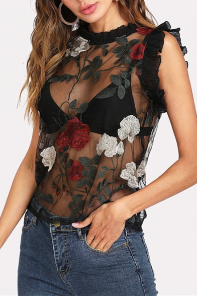 Chic Floral Embroidered Ruffle Detail Round Neck See Through Mesh Tank Top