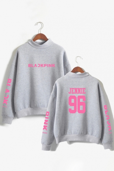 Chic High Neck Letter Printed Long Sleeve Pullover Loose Sweatshirt
