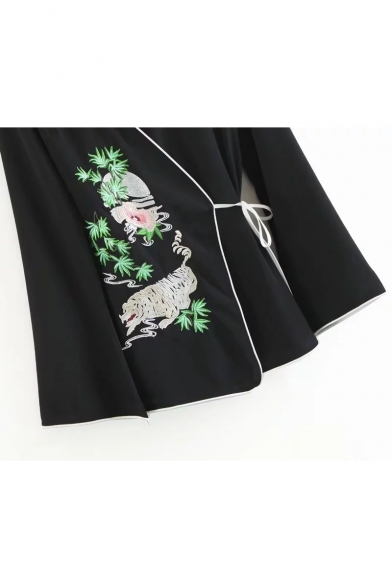 Chinese Retro Embroidered Stand Up Collar Long Sleeve Tied Waist Side Tunic Blouse