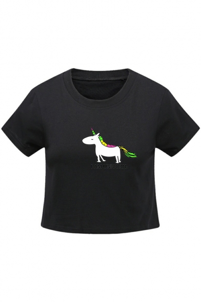 Comic Unicorn Letter Printed Leisure Round Neck Short Sleeve Cropped Tee