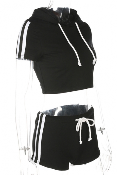 Contrast Striped Printed Side Short Sleeve Cropped Hooded Top with Drawstring Waist Shorts Co-ords