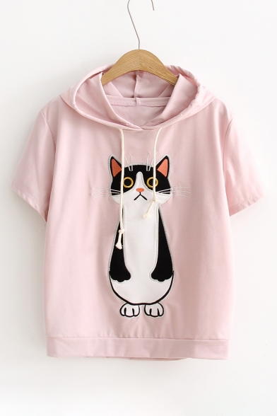 Cute Cartoon Cat Embroidered Short Sleeve Leisure Hooded Tee