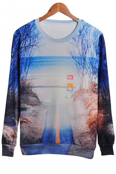 Digital Landscape Printed Round Neck Long Sleeve Pullover Sweatshirt