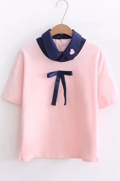 Fancy Color Block Sweetheart Embroidered Lapel Bow Detail Layered Tee