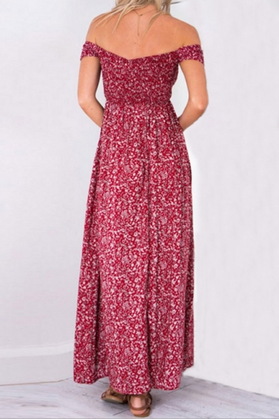 Fashionable Floral Print Off the Shoulder Short Sleeve Split Front Maxi A-line Dress