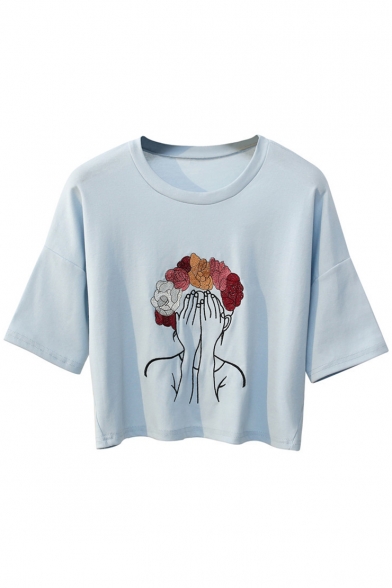 Floral Embroidered Girl Printed Round Neck Short Sleeve Cropped Tee