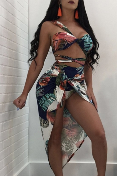 Holiday Sexy Floral Printed Hollow Out One Shoulder Sleeveless Two Pieces Swimwear