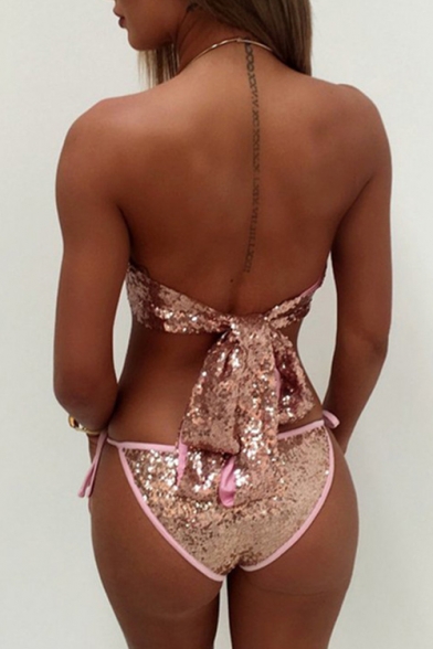 Hot Style Halter Neck Hollow Out Sequined Design Bow Tie Back Trendy Bikini