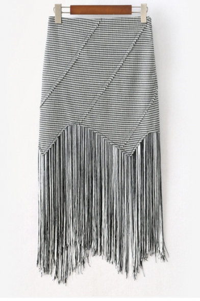 Ladylike Houndstooth Print Tassel Asymmetrical Hem Zip-Side Midi Skirt