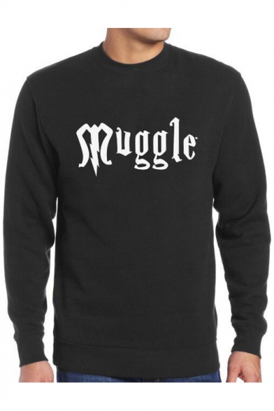 Leisure Loose MUGGLE Letter Printed Round Neck Long Sleeve Pullover Sweatshirt