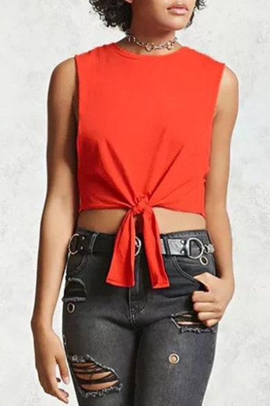 Leisure Round Neck Sleeveless Bow Tie Front Cropped Summer Tank Top