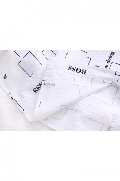 Letter Geometric Printed Lapel Collar Long Sleeve Single Breasted Dip Hem Shirt