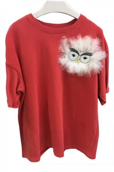 Loose Leisure Owl Eyes Feather Embellished Round Neck Short Sleeve Tee