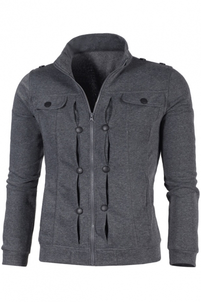 Men's Fashion Zip Up Plain Button Detail Long Sleeve High Neck Jacket