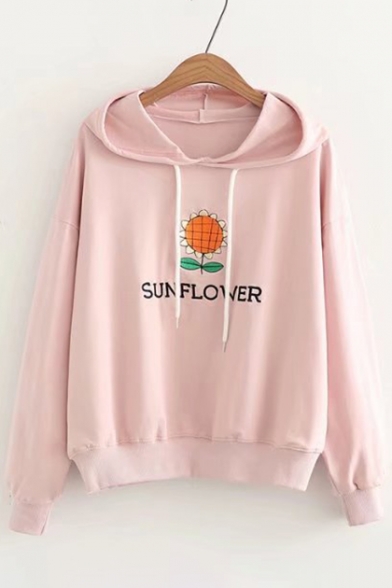 Natural Sunflower Floral Letter Embroidery Long Sleeves Pullover Hoodie