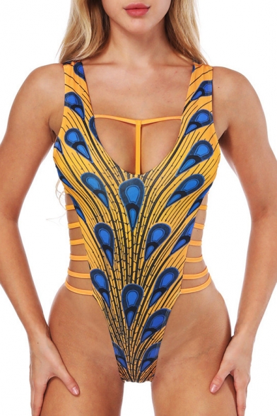 Peacock Feather Print Hollow Out Detail Plunge Neck Ladder Side Swimwear