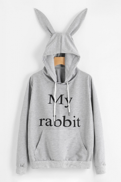 Simple Letter Printed Rabbit's Ears Embellished Hood Long Sleeve Leisure Hoodie