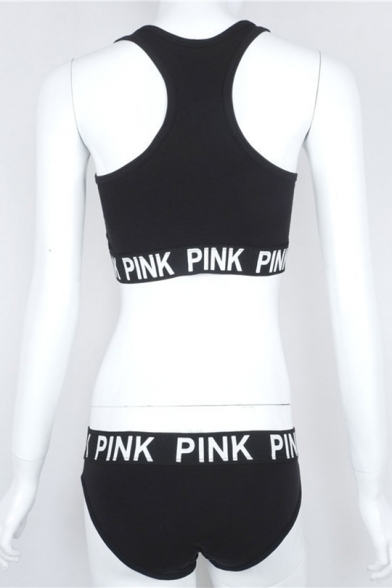 Sportive Letter Printed Scoop Neck Cropped Tank with High Waist Panty