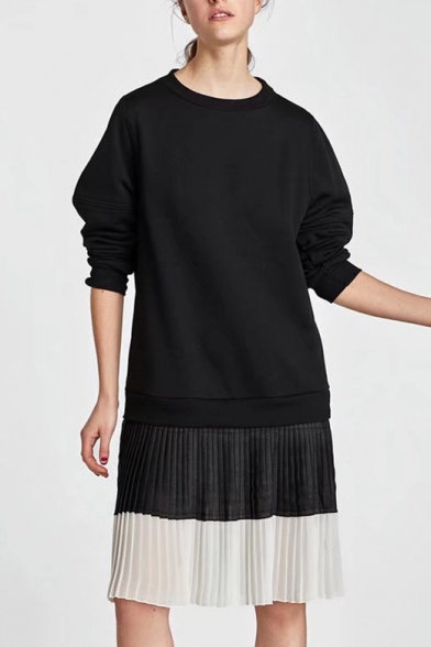 Spring Fashion Round Neck Color Block Pleated Patchwork Loose Sweatshirt Dress