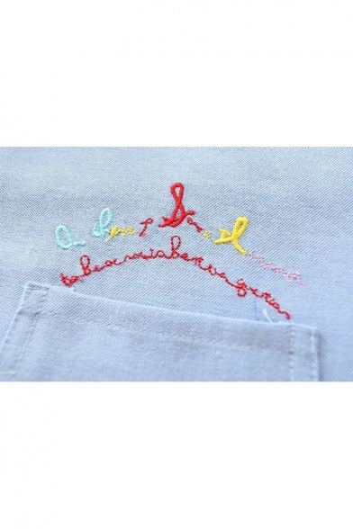 Spring's Simple Letter Embroidered Pocket Lapel Collar Long Sleeve Single Breasted Shirt
