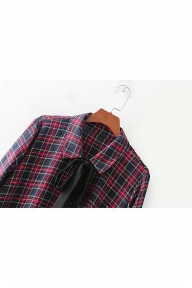 Stylish Tartan Plaids Pattern Lapel Bow Neck Button Front Long Sleeve Mini Shirt Dress