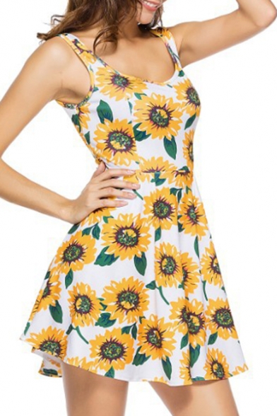 Summer Collection Floral Sunflower Print Scoop Neck Sleeveless Mini Tank Dress