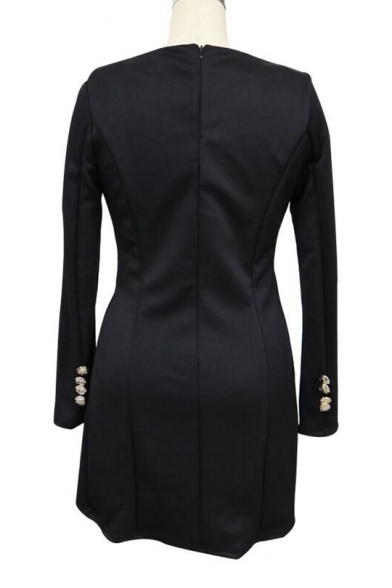 Top Design Button Detail V-Neck Long Sleeve Zip Back Plain Mini Pencil Dress