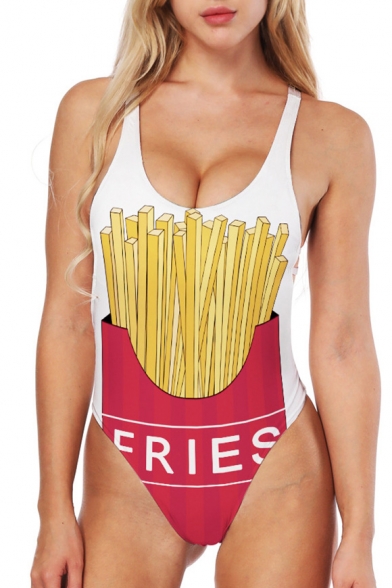 Trendy Fried Potatoes Letter Print Scoop Neck Hollow Out One Piece Swimwear