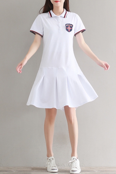 Badge Embellished Contrast Striped Lapel Collar Buttons Down Short Sleeve Mini A-Line Dress