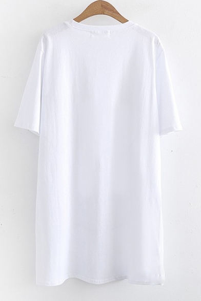 Cartoon Rabbit Printed Letter Embroidered Pocket Round Neck Short Sleeve Mini T-Shirt Dress