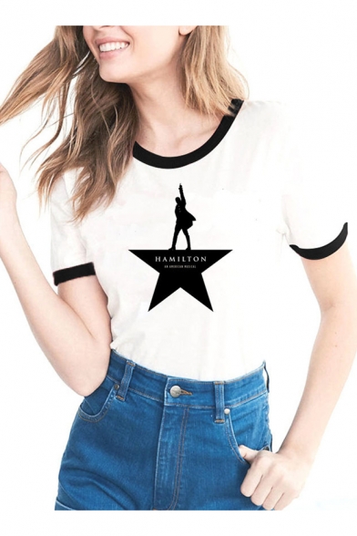 Character Letter Printed Contrast Trim Round Neck Short Sleeve Tee