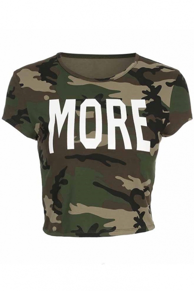 Chic Camouflage Letter Printed Round Neck Short Sleeve Cropped Tee