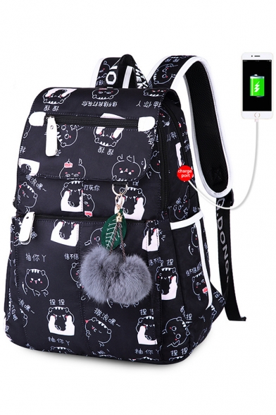 Chic Cat Cartoon Chinese Pattern Pompom Embellished Zippered Backpack School Bag