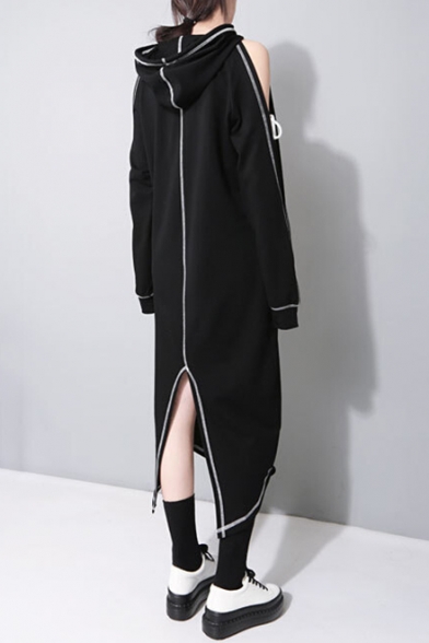 Chic Contrast Inverted Seam Cold Shoulder Long Sleeve Split Back Maxi Hoodie Dress
