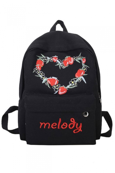 Chic Strawberry Letter Embroidered Zippered Backpack Casual School Bag